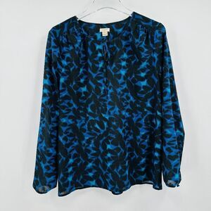 J. Crew Sz Medium Blue & Black Printed Tie Neck Long Sleeve Sheer Popover Blouse